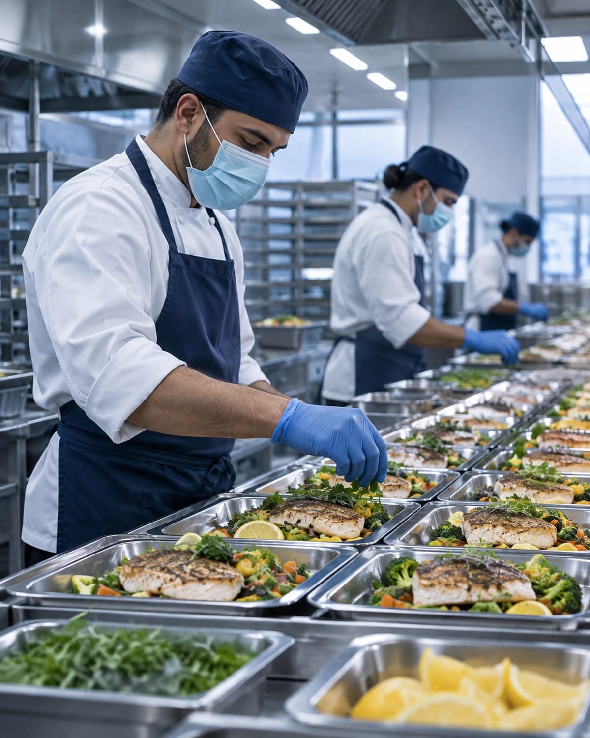 A catering team preparing tilapia meals in a large kitchen.