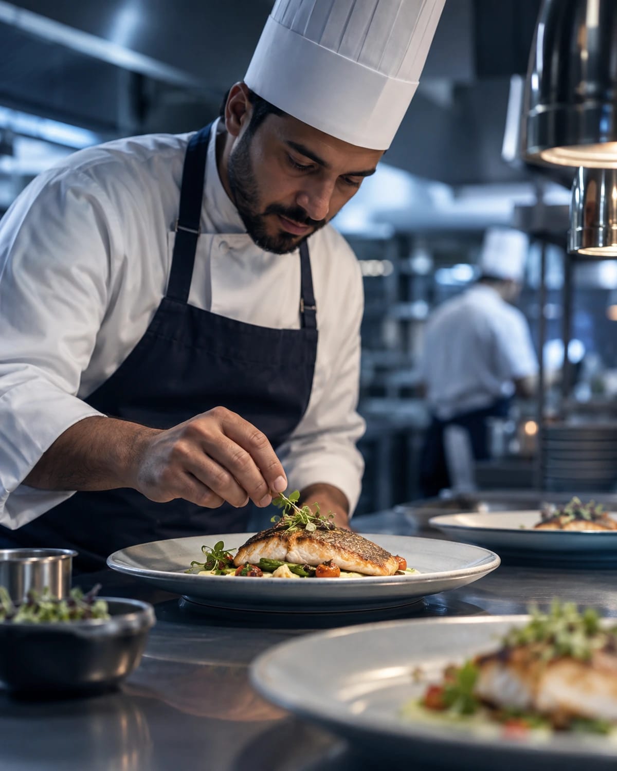 A chef garnishing a plated tilapia dish in a restaurant kitchen.