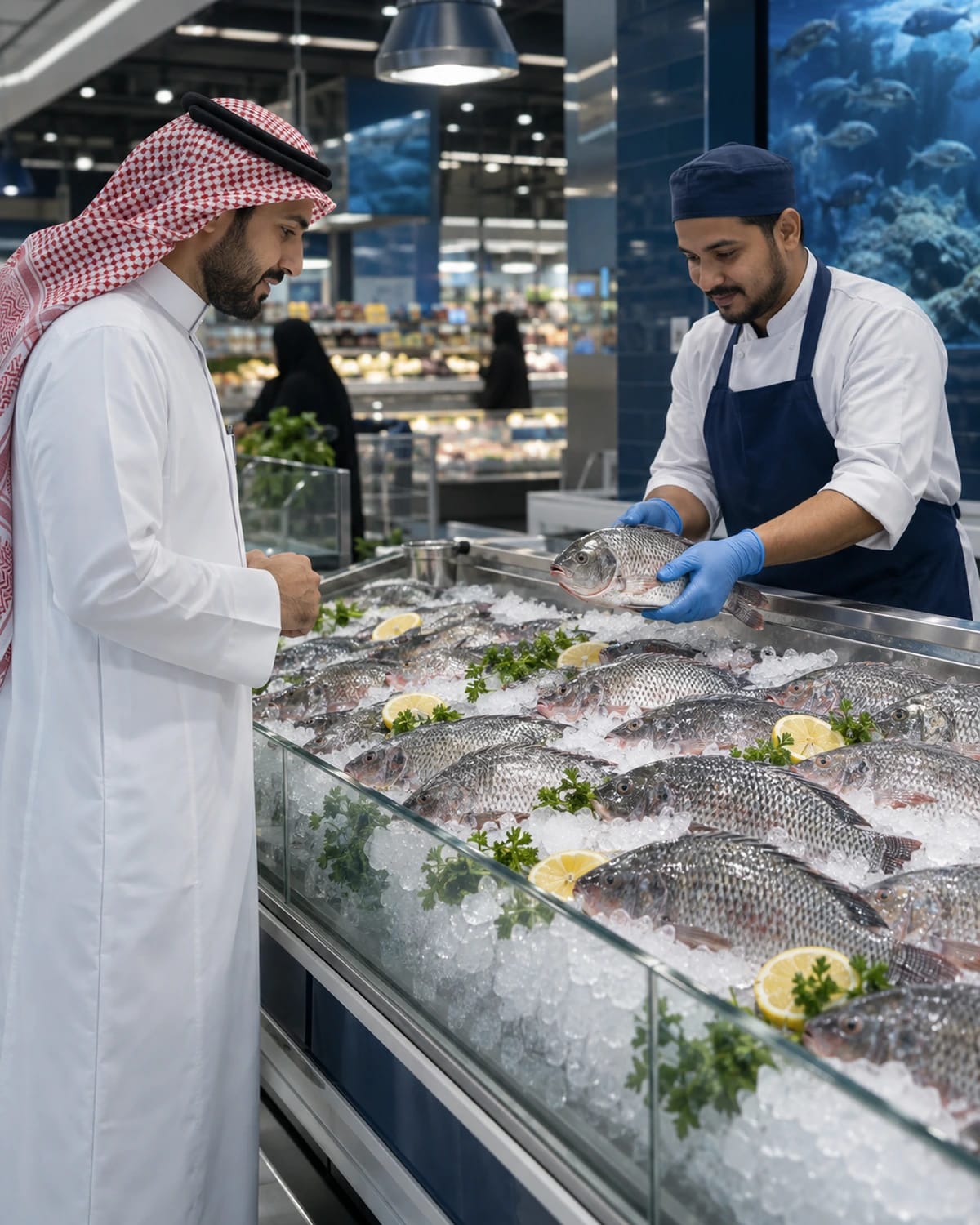 A fish-counter assistant in a hypermarket showing a tilapia to a customer.