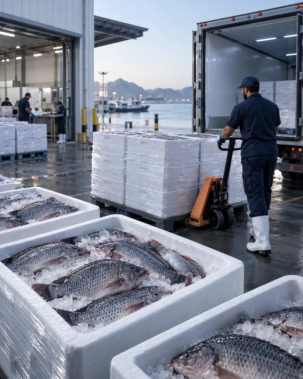 Insulated boxes of tilapia on ice, with a worker moving a pallet towards a delivery truck.