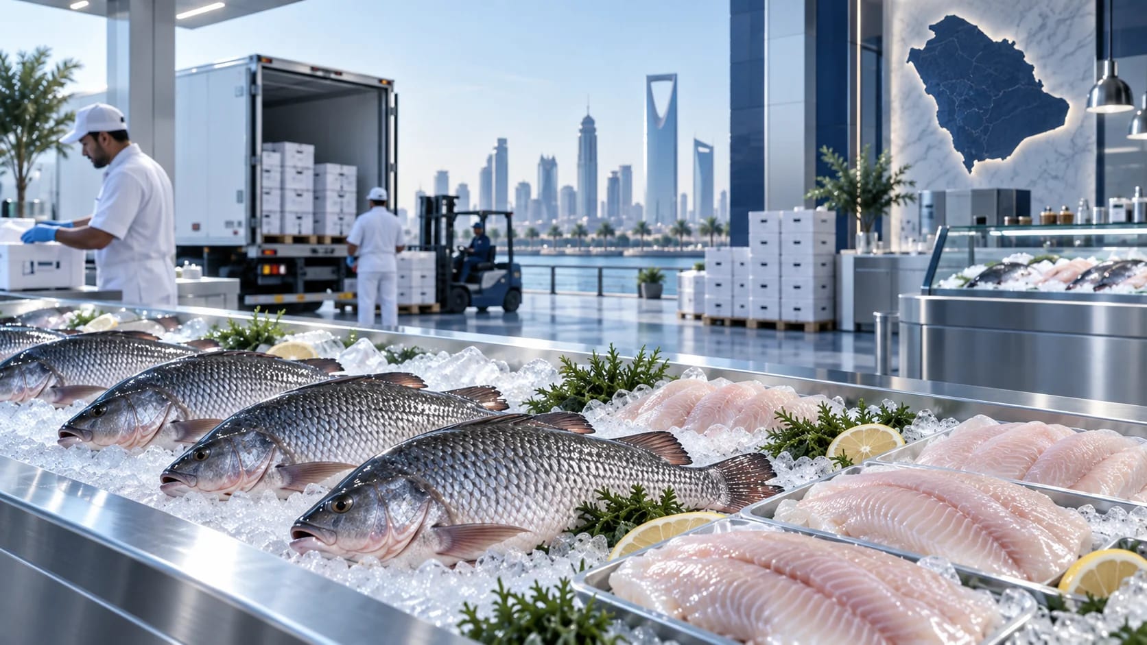 Fresh tilapia on ice at a display counter, with a team preparing a delivery in the background.